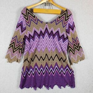 Ashley Stewart Purple Beige‎ Black Chevron Zigzag Crochet Knit Top Blouse 18/20